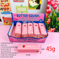 Jouet anti-stress en forme de barre de beurre imprimée fraise, mignon, à rebond lent, en matériau TPR, idéal pour les cadeaux de bienvenue et les cadeaux promotionnels pour salons professionnels