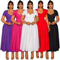 Robe longue élégante et tendance noire pour femmes grandes tailles, style européen et américain, col en V, manches bouffantes, en polyester