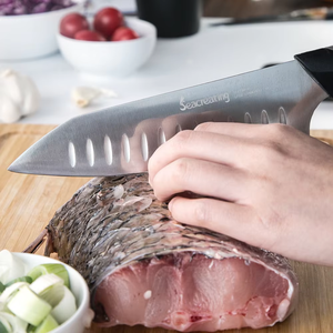 Cuchillo <span class=keywords><strong>de</strong></span> Chef Japonés Santoku <span class=keywords><strong>de</strong></span> Alta Calidad y Ecológico, Hoja <span class=keywords><strong>de</strong></span> Acero Inoxidable <span class=keywords><strong>de</strong></span> 7 Pulgadas con Acabado Satinado, Mango <span class=keywords><strong>de</strong></span> Plástico, Apto para <span class=keywords><strong>Lavavajillas</strong></span> - Product Image 5