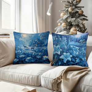Bantal hias tema musim dingin berwarna biru dengan pemandangan bersalju dan rusa di bawah cahaya bulan menghiasi sofa ruang tamu yang nyaman. - Product Image 4