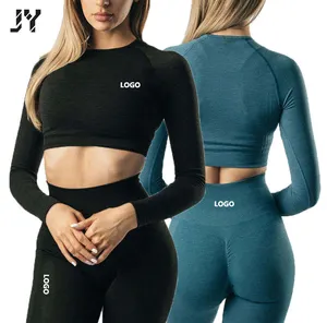Joyyoung Wholesale Custom Logo 3pcs Soft Long Sleeve Crop Top Shorts Yoga Active Wear Sets Women Seamless Gym Fitness Sets