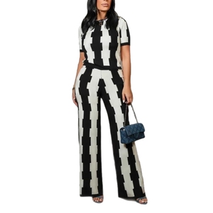 Elegant Slimming Elastic Short Sleeve Wide Leg Pants Printed Ladies Two Piece <b>Set</b> Fashion - Product Image 1