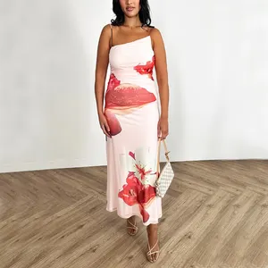 Gaun Maxi motif bunga merah muda untuk wanita, gaun pesta ukuran Plus asimetris kustom kualitas tinggi untuk wanita