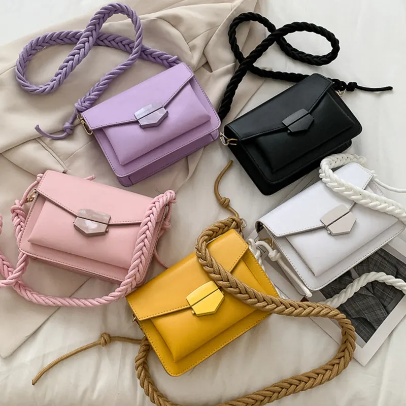 Drop Ship Wholesale Fashion Luxury Lady Bags Braided Shoulder Strap Design Pure Color PU Leather Crossbody Women Handbags