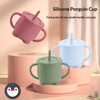 Nouvelle tasse à paille en silicone pour bébé, motif pingouin, qualité alimentaire, anti-fuite, résistante aux chutes, avec deux poignées, 12 oz, design circulaire, pour l'apprentissage des tout-petits