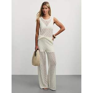 Conjunto de dos piezas de ganchillo personalizado 2026 para mujer: chaleco transparente sin mangas y pantalones de cintura holgada con diseño calado, ideal para vacaciones. - Product Image 2