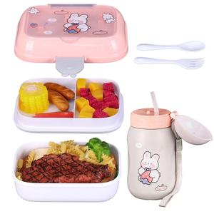 Boîte à lunch et gourde pour enfant, motif quadrillé mignon, en plastique, dessin animé, ensemble boîte à lunch pour enfant 700 ml et gourde avec sac en PVC - Product Image 1