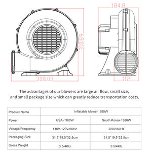 Ventilador de Metal <span class=keywords><strong>Songhai</strong></span> de 380 W, 220 V para EE. UU., 110 V-120 V para Corea, Silencioso, Impermeable, Comercial, Inflable, para Brincolines Inflables - Product Image 6