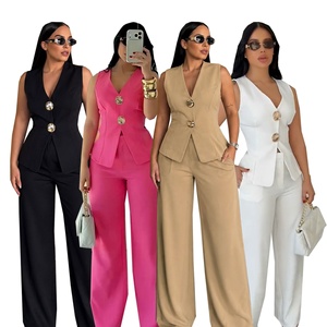 <span class=keywords><strong>Costume</strong></span> élégant pour femmes d'Europe et d'Amérique, veste à boutons dorés de couleur unie, pantalon large à taille haute, de haute qualité - Product Image 1