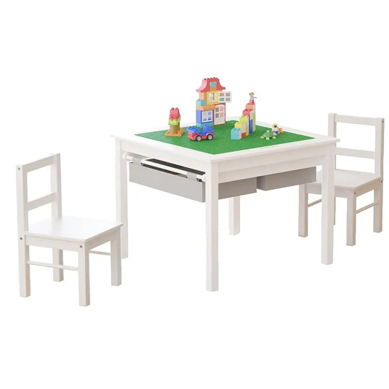 बच्चों की लकड़ी के लेगो खेल टेबल और कुर्सी के साथ भंडारण समारोह कंसोल तालिका लकड़ी