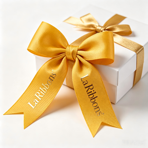 Ruban gros-grain bleu clair 1-1/2 pouce imprimé or avec texte « Happy » simple face certifié OEKO-TEX résistant au rétrécissement pour cadeaux - Product Image 2