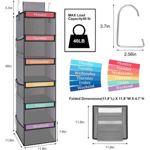 6-Shelf Weekly Hanging Closet Organizer for Kids with 6 Side Pockets Weekday Kids Clothes Organizers - Product Image 3