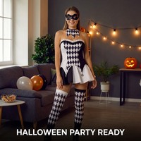 Costume de cosplay Harlequin noir et blanc pour femmes, ensemble de 6 pièces avec corset imprimé diamant et bordure à clochettes pour fête d'Halloween et scène