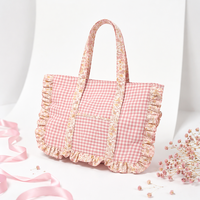 Sac fourre-tout en coton style Cottagecore avec motif bonbons, fermeture éclair, mignon, vert et bleu, pour couleurs rouges, bords à volants - Vente en gros, faible MOQ