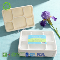 Plateau en amidon de maïs à 6 compartiments avec logo personnalisé, biodégradable, micro-ondable, jetable, vente en gros pour restaurants et fournitures de repas scolaires
