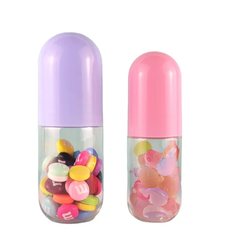 Cápsula para embalagem de pets, cápsula de plástico para macaron, cores, em formato de garrafa azul rosa para doces