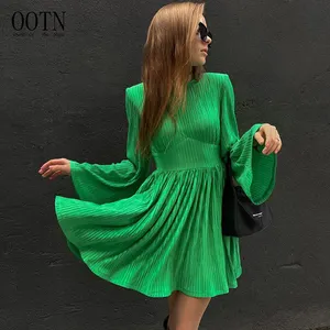 Вечернее мини-платье OOTN с высокой талией и круглым вырезом, весна 2022, элегантное женское зеленое платье с расклешенным рукавом, плиссированное женское вечернее платье