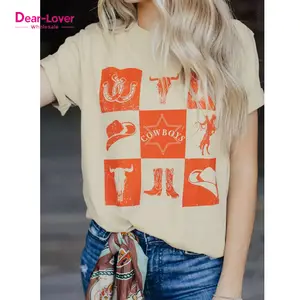 Dear-Lover Khaki Cowboys camiseta gráfica patrón estampado cuello redondo camisas para mujeres