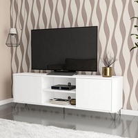Meuble TV 2 portes style moderne CARTAGENA en bois aggloméré blanc pour salon, design brésilien, panneau supérieur, montage facile
