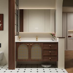 New Smart Walnut Color Bathroom Vanity with Storage Mirror Cabinet Oak Hot-Bent Integrated Basin LED Light - Product Image 2