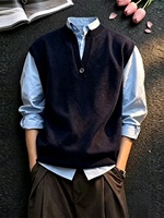 Gilet en tricot bleu marine chaud texturé à col en V et épaules droites pour homme – Style preppy décontracté chic sans manches – Look marié