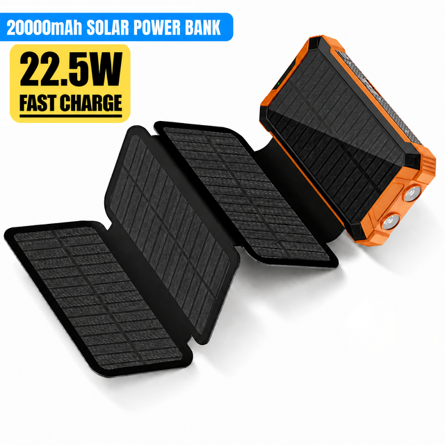 Foldable Outdoor Portable Solar Charger with Built-in 4-Panel Solar Charger and LED Torch 20000 MAh Fast-Charging Power Bank