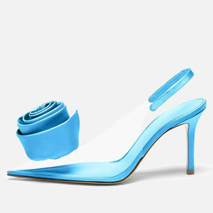 Sandales à talons hauts pour femme, grande taille 45, à bride arrière, en soie, style slingback, à bout pointu en PVC, avec motif floral en soie - Product Image 2