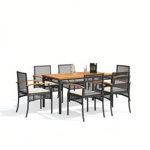 Set da Pranzo da Giardino in Polyrattan per 6 Persone con Piano in Teak Nero, Arredamento da Esterno Contemporaneo Resistente alle Intemperie - Product Image 1