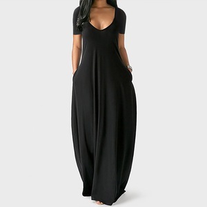 Vestido Largo Casual <span class=keywords><strong>de</strong></span> Verano para Mujer, Talla Grande, Color Sólido, Liso, Teñido, Sexy, con Cuello en V Profundo, <span class=keywords><strong>Manga</strong></span> <span class=keywords><strong>Corta</strong></span> y Bolsillos - Product Image 1