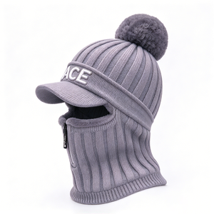 ACE <b>Pom</b> <b>Pom</b> Brim Beanie <b>Hat</b> with Brim Rib Knit <b>Hat</b> Fleece Lined Zipper Neck Warmer Face Cover Outdoor Ski Cycling - Product Image 4