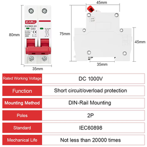 EARU DC 1000V MCB Mini disjoncteur solaire Protection contre les surcharges Interrupteur 6A 10A 16A 20A 25A 32A 40A 50A 63A pour système PV EACBDC - Product Image 2