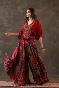 Robe longue de style kaftan brodée rouge, imprimé tribal, élégante, tenue ethnique pour fêtes, mariages, festivals, pour femmes - Product Image 6