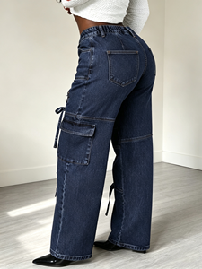 Jeans <span class=keywords><strong>Cargo</strong></span> da <span class=keywords><strong>Donna</strong></span> a Vita Alta con Cut-out e Lacci, Gamba Larga, Tasche Multiple, Cuciture a Contrasto, <span class=keywords><strong>Blu</strong></span> Scuro, Stile Streetwear Baggy - Product Image 2