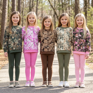 Conjunto de ropa de yoga para niñas con estampado de camuflaje de árboles, top de manga larga y leggings lisos - Product Image 1
