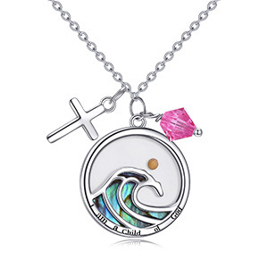 Collar I Am a Child of God |   Colgante de Acero Inoxidable con Cruz, Concha de Abulón, Semilla de Mostaza y Cristal Rosa - Product Image 6