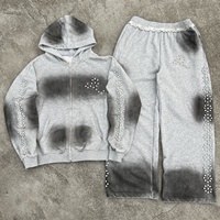 Ensemble de survêtement unisexe personnalisé brodé, sweat à capuche zippé oversize et pantalon de jogging, style streetwear délavé pour homme