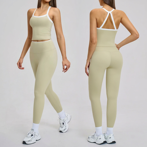 Leggings de yoga taille haute sans coutures, longueur intégrale, couleur unie, pour femme, avec design dos évidé, en Spandex/Nylon respirant - Product Image 1