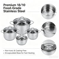 Ensemble de casseroles en acier inoxydable de style américain, écologique et moderne, 8 pièces, avec couvercle en verre, sans revêtement, compatible induction