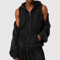 Sweat à capuche zippé personnalisé effet vieilli, manches détachables 2-en-1, coupe oversize, tricot gaufré délavé, pour hommes et femmes, style vintage grunge streetwear