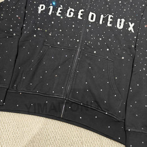 Custom French Terry 100% Heavy Cotton Zipper Distressed Embroidery Applique <b>Zip</b> <b>up</b> Rhinestone Men's <b>Hoodies</b> - Product Image 3