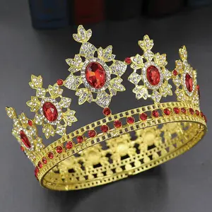 Yeni tasarımcı lüks gelin Pageant Tiaras kırmızı elmas düğün yuvarlak kristal elmas barok kron kraliçeler için