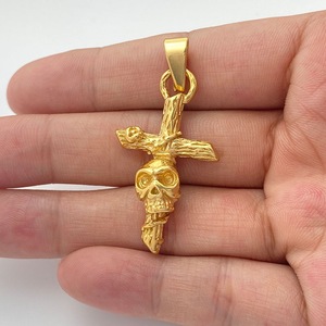 yunnique Stainless Steel <b>Cross</b> Skull Pendant Necklace Gold Men's Fashion Jewelry Geometric Design - Product Image 3