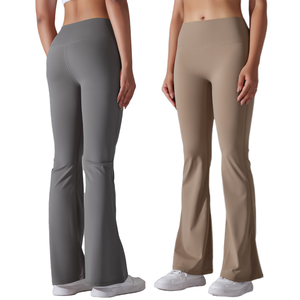 High Waist <b>Flared</b> Leg <b>Yoga</b> <b>Leggings</b> Solid Color Seamless Full Length Elastic Waist Spandex Nylon Women's Activewear Pants - Product Image 1