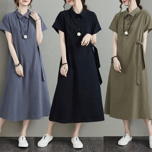 Nuevo estilo japonés Color sólido Algodón y lino Solapa Manga corta Bolsillo suelto Vestido casual de mujer - Product Image 1