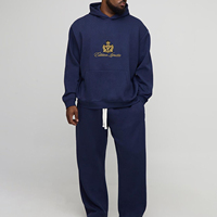 Setelan Sweatshirt Hoodie Pria Biru Dongker Ukuran Besar dengan Logo Bordir, Tracksuit Fleece Kasual, Regular Fit, Pakaian Musim Gugur