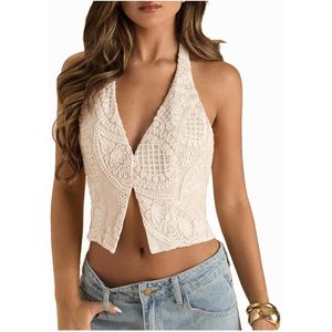 FOXA Top corto con cuello halter y bordado floral para mujer, top corto con cuello en V y espalda descubierta, tops elegantes para el tiempo libre - Product Image 1