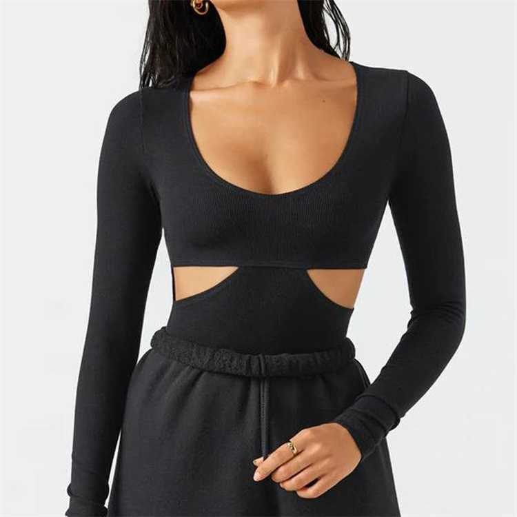 Custom Design Slim Fit Tops Women's Cut Out Long Sleeve Crop Workout Shirts for Gym Yoga Running