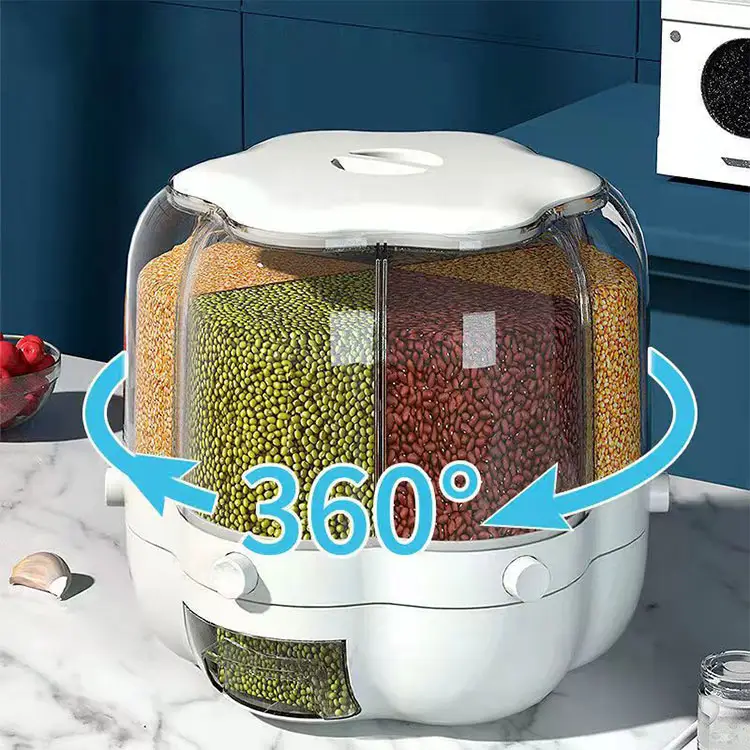 Rice Dispenser 6 Compartments Grain Storage Container High Quality Plastic Rotating 360 degrees Rotation Dry Food Storage Box