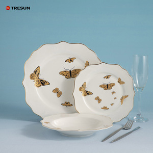 Assiette à dessert écologique en porcelaine fine Style classique rose violet bleu orange gris vague ensemble de dîner en porcelaine fine - Product Image 1