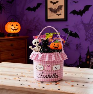 Cestas <span class=keywords><strong>de</strong></span> Halloween Personalizadas con Volantes y Nombre, Bolsas <span class=keywords><strong>de</strong></span> Lona a Cuadros para Dulces, Cestas Bordadas con Diseño <span class=keywords><strong>de</strong></span> <span class=keywords><strong>Calabaza</strong></span> para Niños - Product Image 2